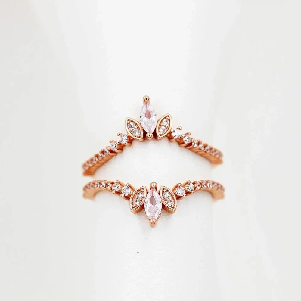 Women's 925 Sterling Silver  Marquise Cut CZ Stack Rings Set 2pcs Crown Wedding